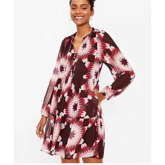 ANN TAYLOR LOFT Patchwork Tie Neck Flounce Dress Quilted Long Sleeve Brown Sz M - Picture 1 of 9
